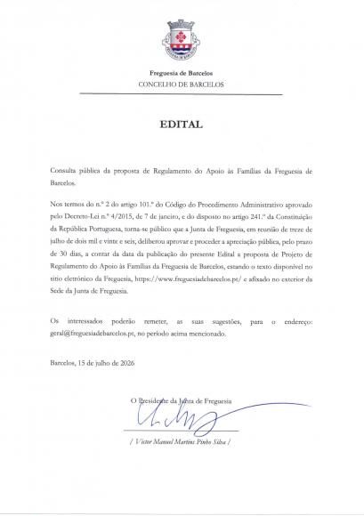 Edital - Consulta P&uacute;blica da Proposta de Regulamento do Apoio &agrave;s Fam&iacute;lias da Freguesia de Barcelos